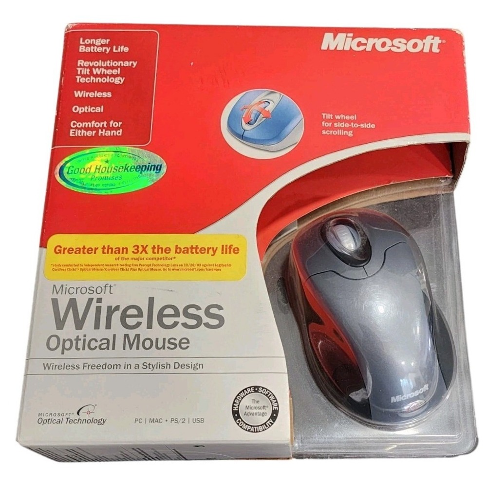 Microsoft Wireless Optical Mouse 2.0 Model 1008 Gray USB PS/2 PC Mac NEW Vintage